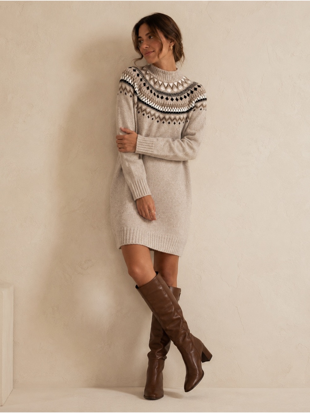 NWT H&M L.O.G.G. Fair Isle Sweater Dress Oatmeal Beige Mock Neck Size Small